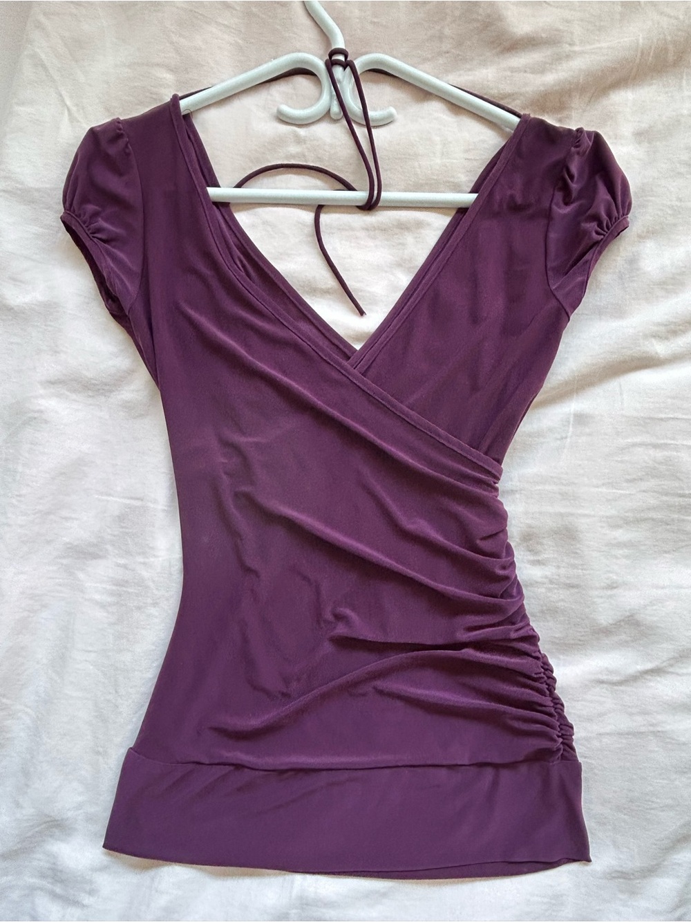 Y2K Wrap-like Purple Top with Cap Sleeves & Side Ruching